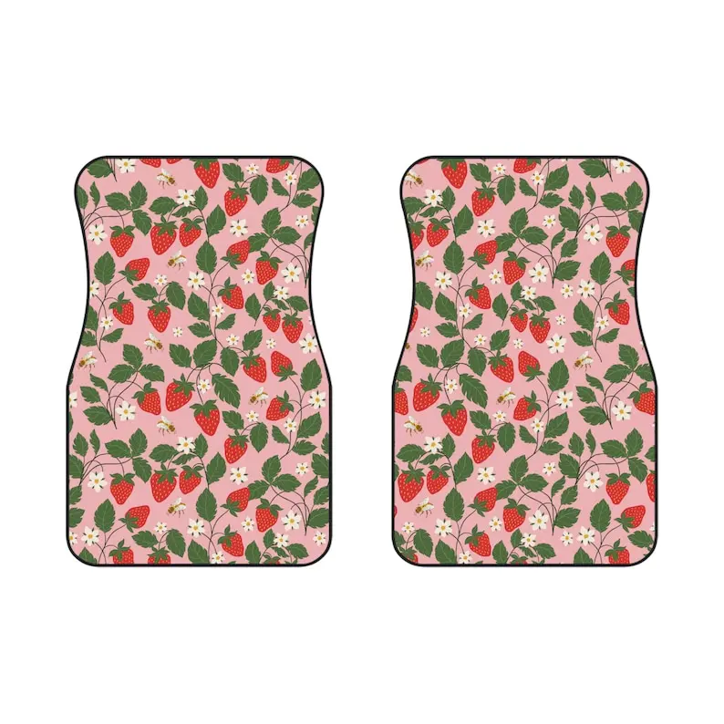 Strawberry Bees - Car Floor Mats | Danish Pastel, Y2k, retro car accessories | 90s 2000s pink floral women car mats set