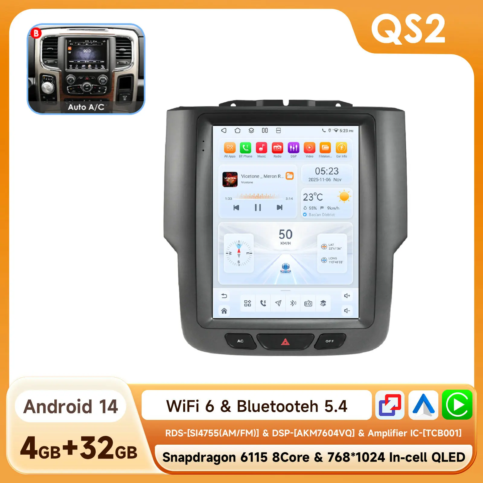 9.7'' AI Voice Android CarPlay autoradio voor Dodge RAM 1500 2500 3500 2013-2018 Auto Intelligent Systems DSP SWC RDS GPS FM