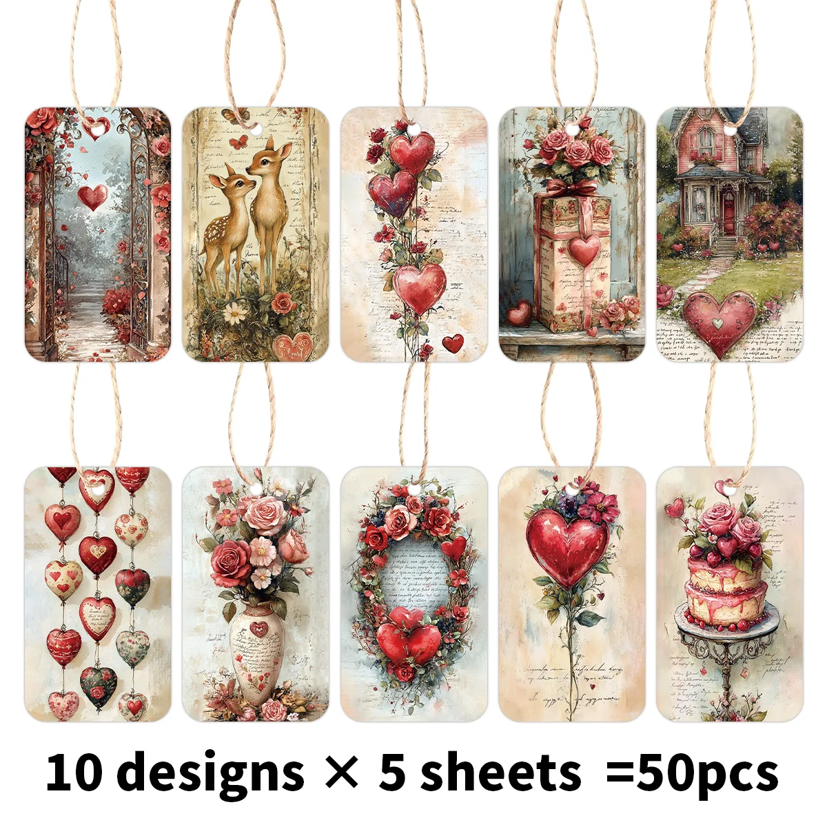 50 Stück Vintage-Gedenkanhänger zum Aufhängen mit Hanfseil, dekorative Karten für Valentinstag, Hochzeit, Geburtstag, Jahrestag, Partygeschenk