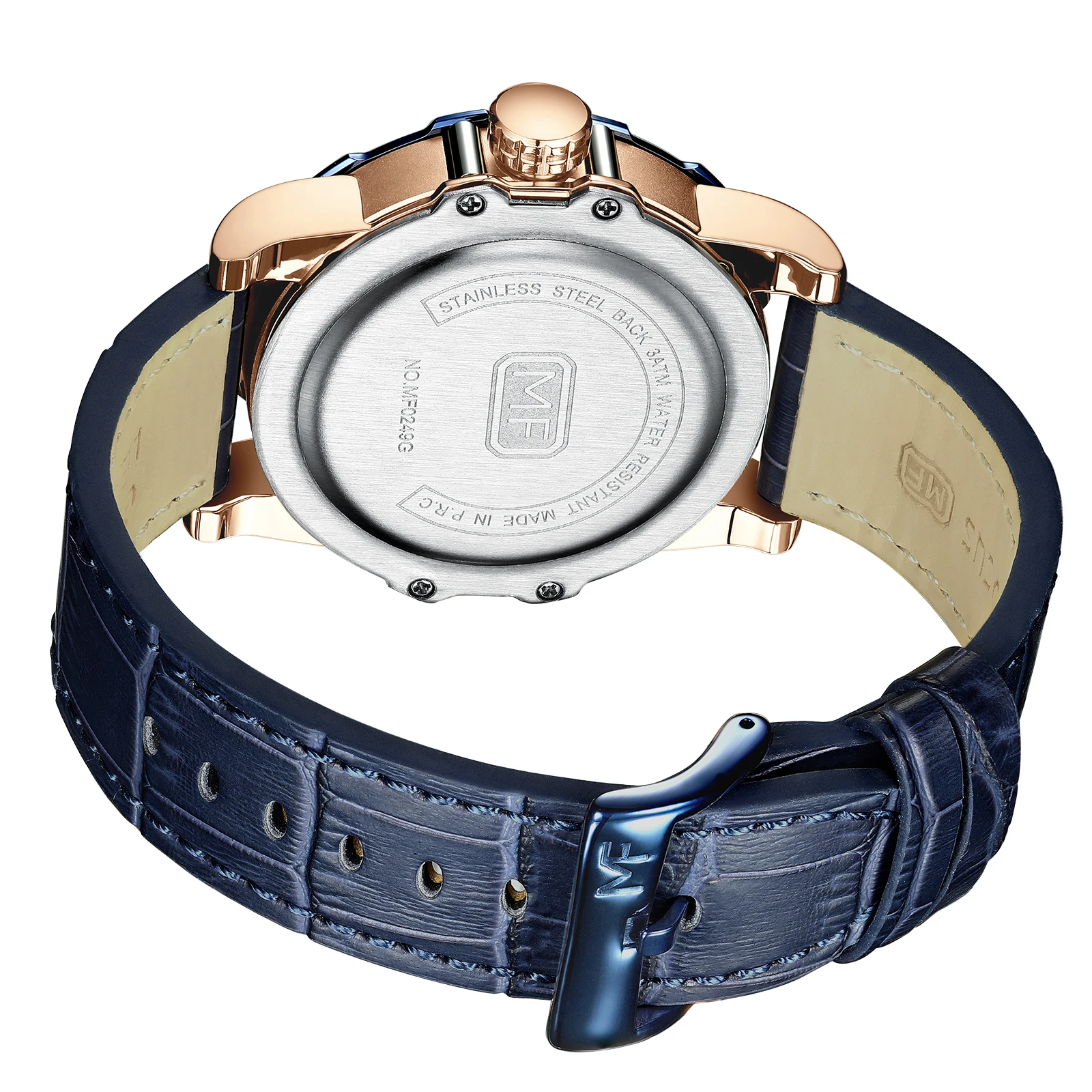 Mini Focus MF0249G Relógio de pulso de luxo pulseira de couro genuíno design esqueleon relógios de quartzo masculinos à prova d'água