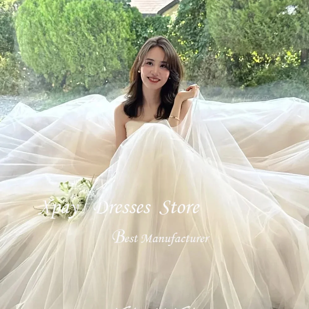 فستان زفاف XPAY Princess A Line من التول الكوري بدون حمالات فستان العروس لالتقاط الصور مخصص بطول الأرض منتفخ طويل فستان العروس