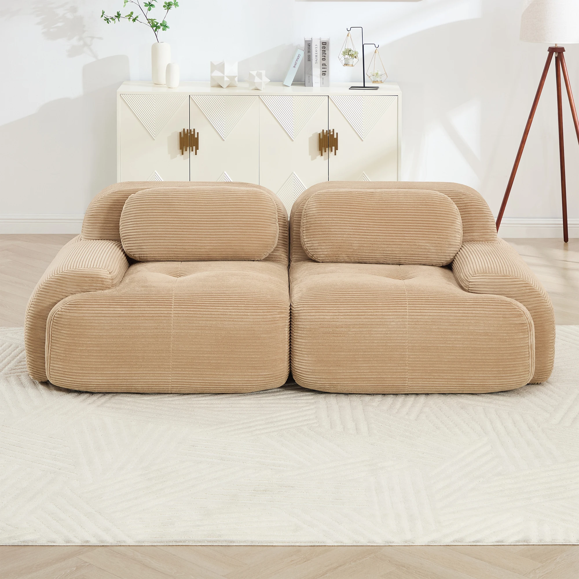 82'' 2-seat sofa in luxuryCorduroy Fabric modular for free combo separation curved armrests ,anti-slip design high-resilience sponge fits living rooms bedrooms Audiovisual Room,Camel