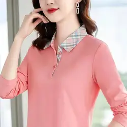 Women's Cotton Long Sleeve Lapel Polo Shirt 2023 Spring and Autumn Korean Style Female T-shirt Bottoming Shirt