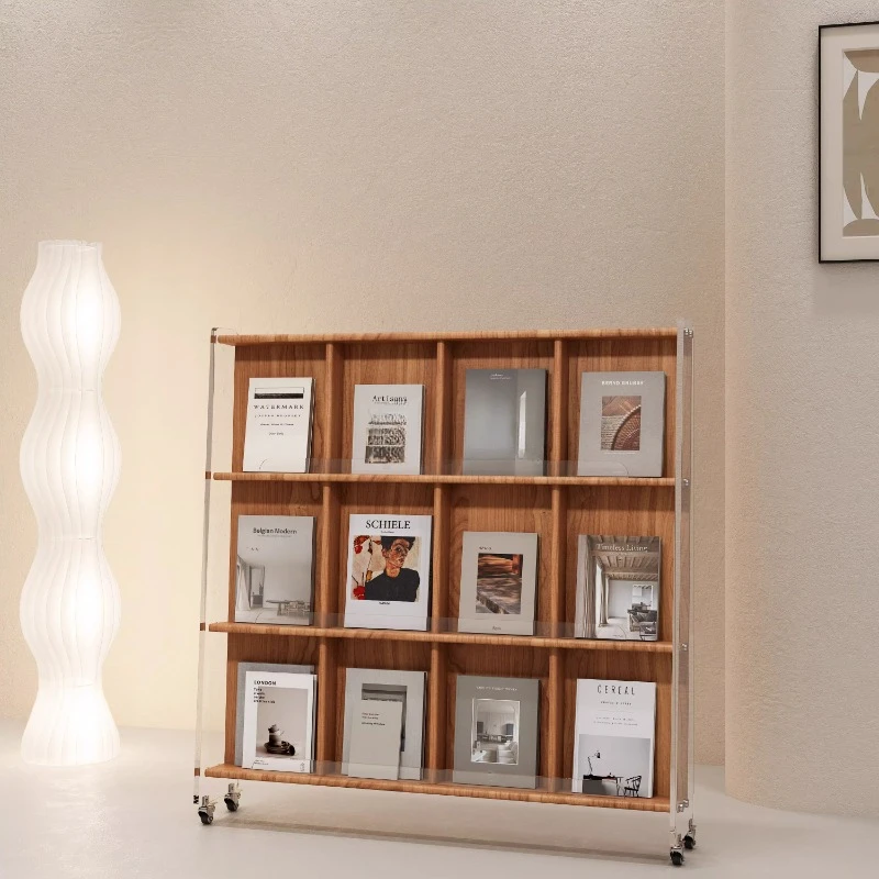 Light luxury rack, movable solid wood magazine rack, small living room book and newspaper rack, floor to ceiling newspaper rack