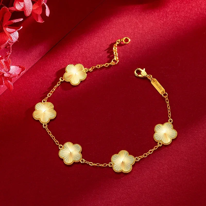 

9999 Real Gold 24K Women's Light Luxury Super Flash Plum Blossom Set Fashion Laser Plum Blossom Bracelet Necklace Stud Earrings