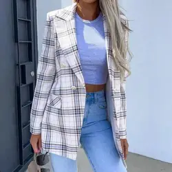 Women Elegant Midi Blazer Lapel Long Sleeves Plaid Print Flap Pockets Slim Fit Double Breasted Female Office Lady Suit Coat