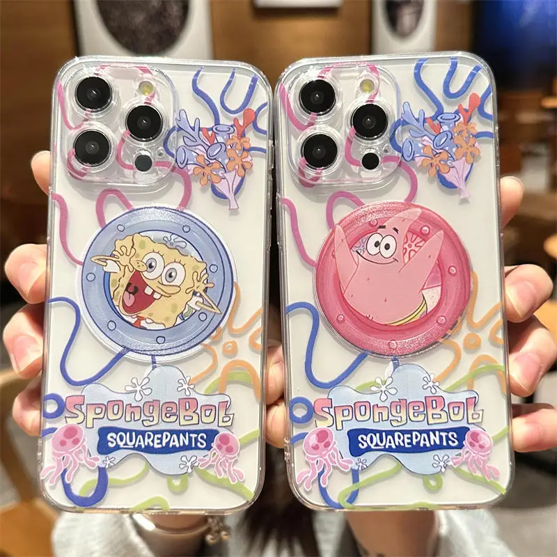 Cute Anime SpongeBobs TPU Case For iPhone 11 12 13 14 15 Pro Max Mini X XS XR 8 7 Plus SE 2020 Soft Clear Magsafe Magnetic Cover