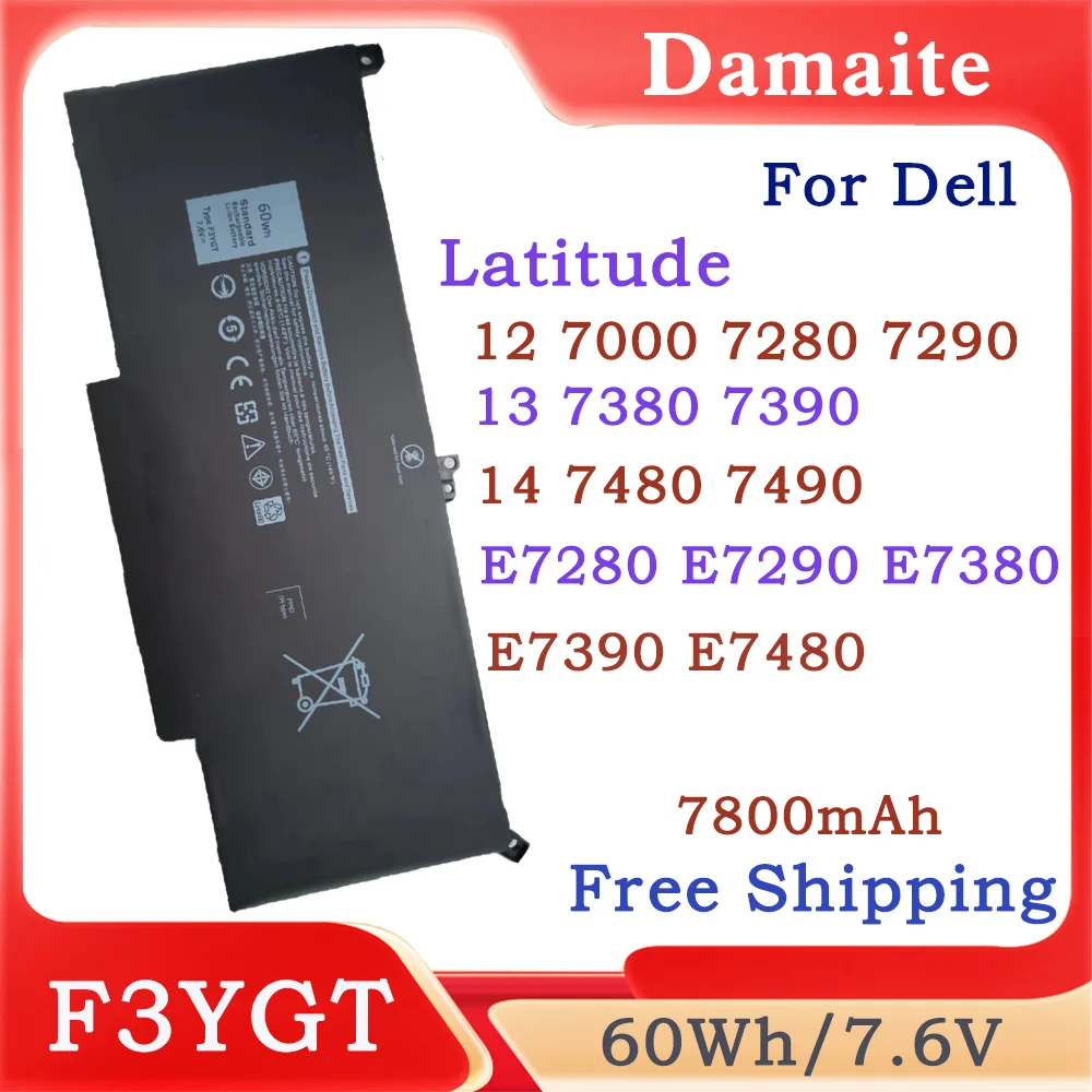 

F3YGT Laptop Battery for Dell Latitude E7280 E7290 E7380 E7390 7000 7380 7390 7480 7490 2X39G 12 7000 7280 7290 13 14 7380 7390