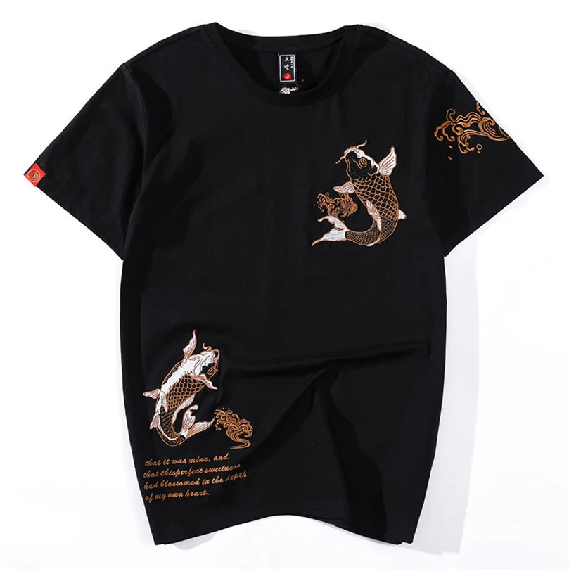 

Summer New Trendy Brand Embroidered Short-Sleeved T-Shirt Men Carp Ethnic Loose Large Size Cotton Half-Sleeved Top