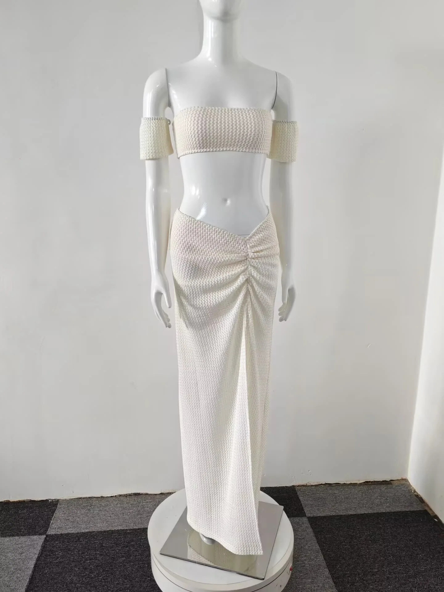 

Sexy Strapless Backless Crop Top + High Waist Pleated Irregular Split Long Skirt Two Piece Skirt Set Evening Party Club Dresses