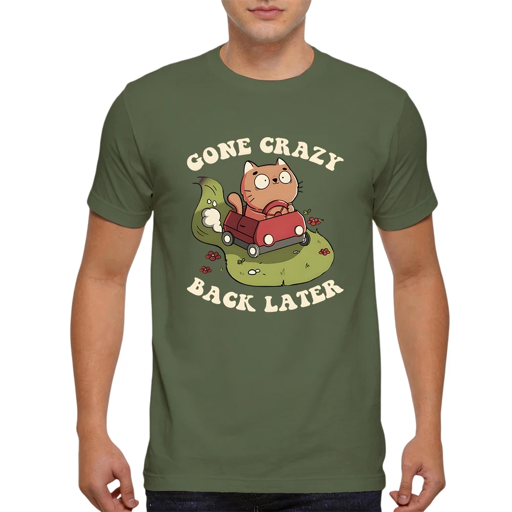 Summer Mens 100% Cotton T Shirt Gone Crazy Back Later Funny Cat Drive Car Cute Cartoon Print Breathable Short Sleeve Daily Wear
