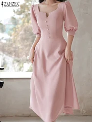 ZANZEA Women Square Neck Vestidos Elegant Long Dress Vintage Half Sleeve Casual Buttons Waisted Party Midi Dresses Korean Robes