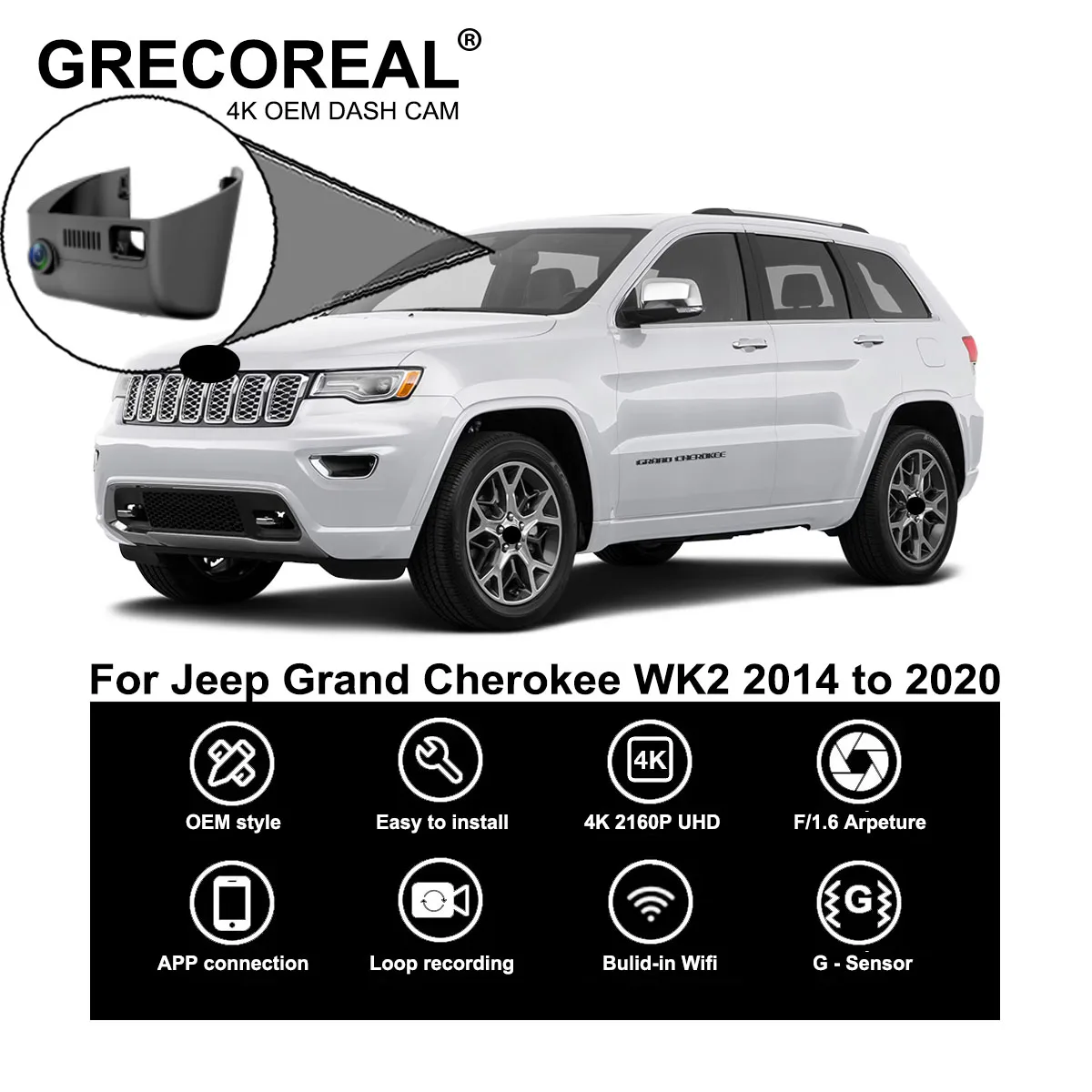 

GRECOREAL 4K Dash Cam Front and Rear WiFi Dual Dashcam Car Camera APP Control Plug Play Compatible with Jeep Grand Cherokee WK2