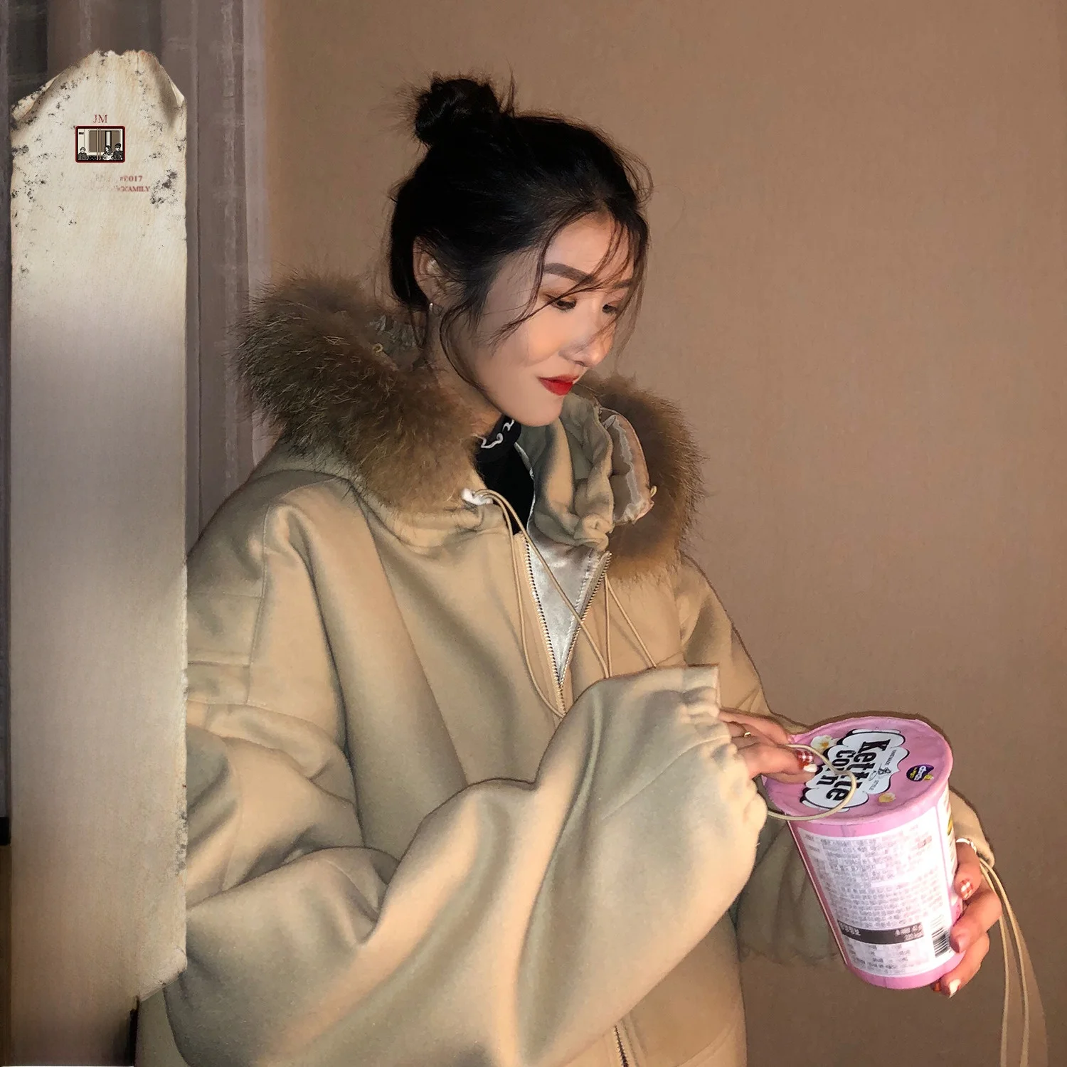 

Jmwomen Thiened Cotton Lined Woolen Jaet Korean Sle Loose Motorcycle Coat with Large Fur Collar Women's Winter Coat