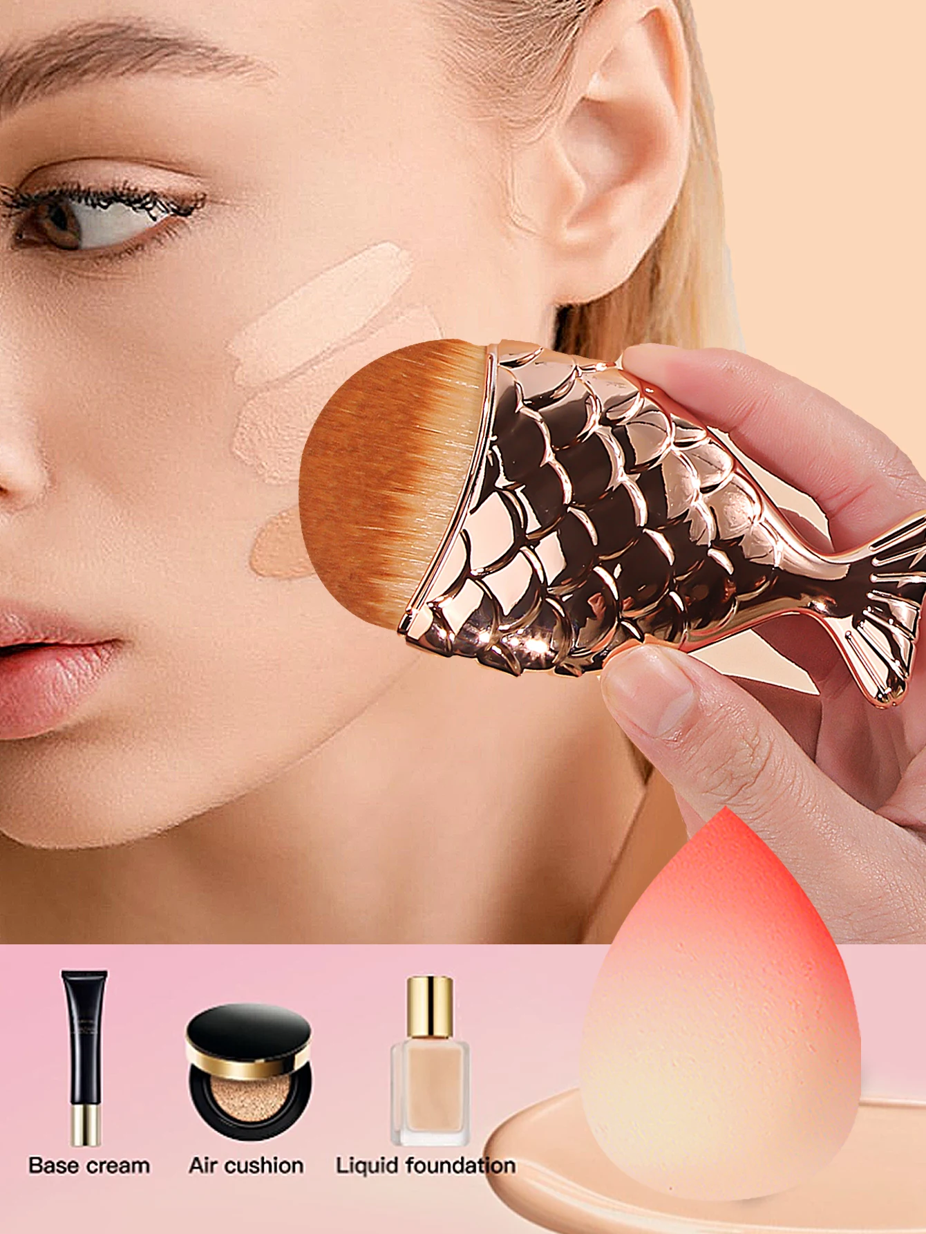 إسفنجة مكياج رقيقة محاصرة عالية الارتداد على شكل بيضة تجميل ناعمة على شكل مثلث مع أداة فرشاة كريم الأساس على شكل ذيل السمكة