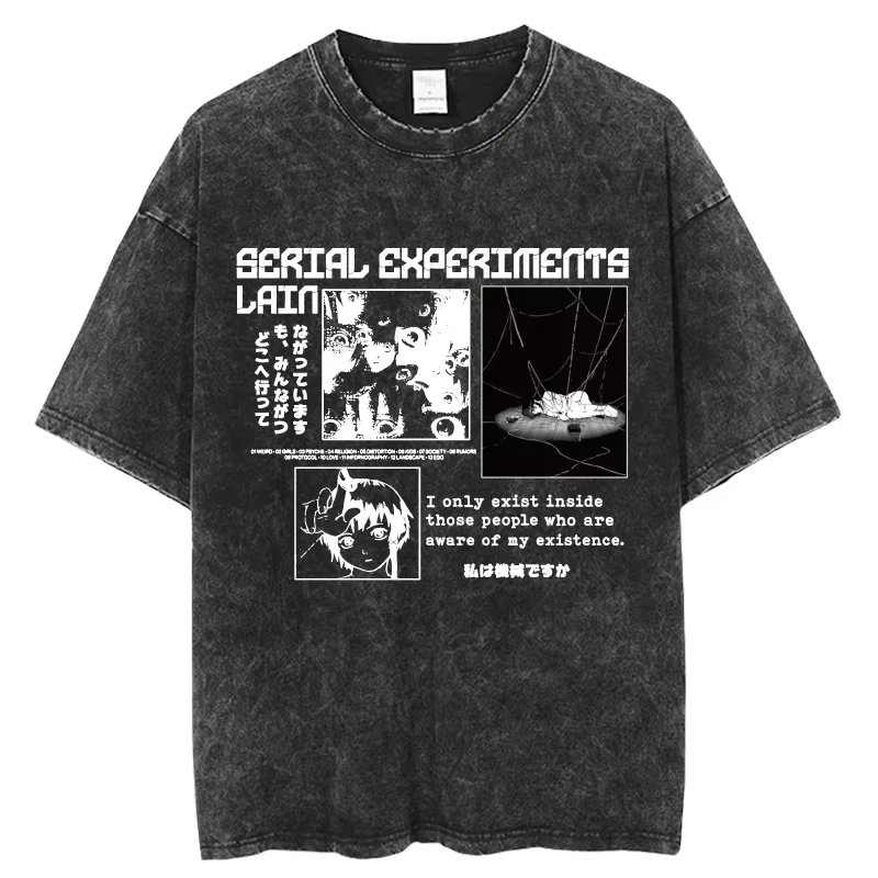 Camiseta lavada Vintage de Anime Serial Experiments Lain, camiseta de verano para hombres y mujeres, camisetas de manga corta de gran tamaño Harajuku de algodón