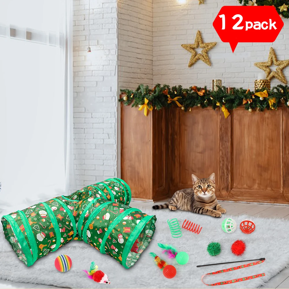 Cat Toy Set Christmas Design Folding Cat Tunnel Cat Nest - Stuffed Mouse - Funny Cat Stick - Plastic Ball Bell Toys and Other Combinations of Cats