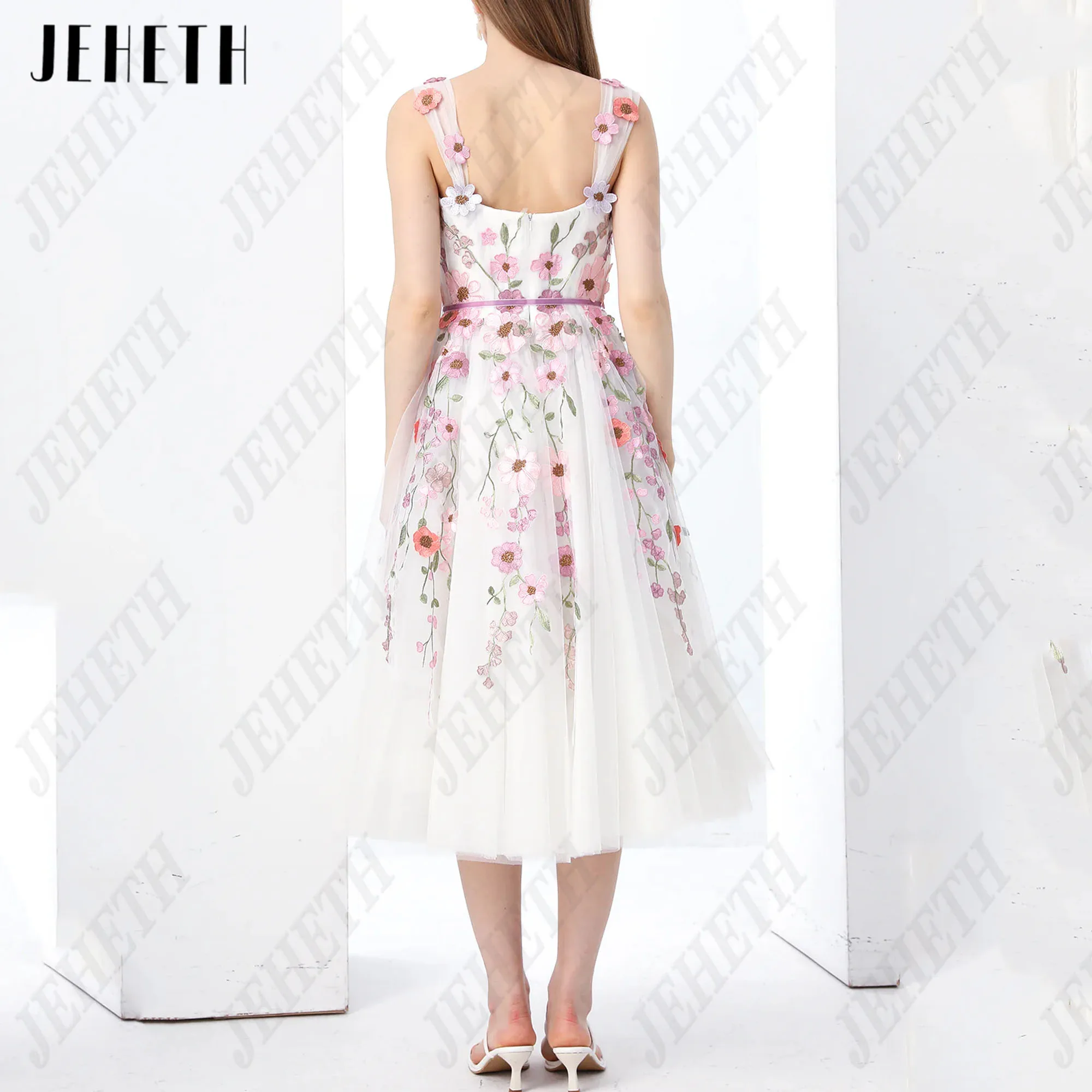 JEHETH Spaghetti Straps Prom Gowns For Girls V-Neck Pink 3D Flowers Sleeveless Tea-Length A-Line Backless Vestidos De Festa