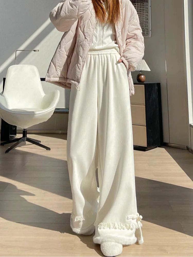 กางเกงขายาวทรงตรงผ้าถักแต่งขอบลูกไม้เก๋ไก๋สำหรับผู้หญิง ไซส์เล็ก น่ารัก ผ่าข้าง เอวสูง ใส่สบาย เหมาะสำหรับฤดูหนาว