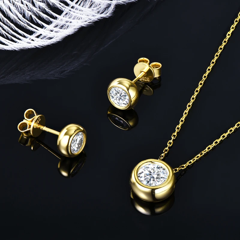 IOGOU Real 3ctw. D Color Moissanite Jewelry Set 925 Silver 18k Gold Plated Pendant Necklace Stud Earrings Set for Women Men Gift