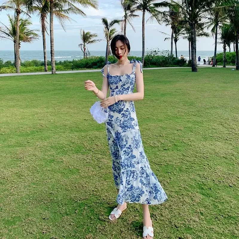 Dress Women Summer Design Ankle Length Ruffles French Flower Sleeveless Sundress Sqaghetti Temperament Female Classic Holiday