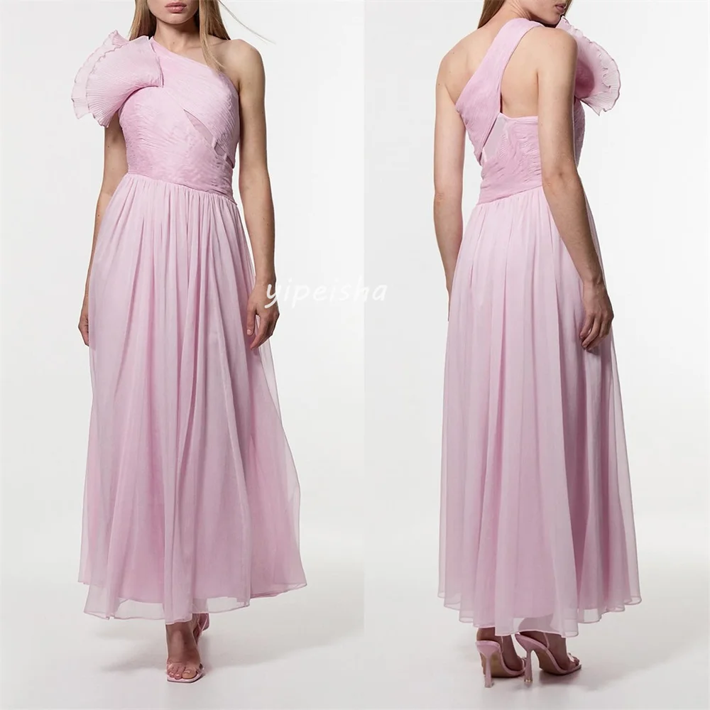 Customized Matching Intricate Chiffon Pleat Ruched A-line One-shoulder Midi Dresses Bespoke Occasion Dresses Sizes Available