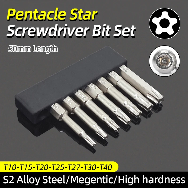 Pentacle Star Screwdriver Bits Set 1/4 Hex Shank Five-Point Torx Screw Driver Bit S2 Steel Magnetic T10-T40 50mm For Power Tools