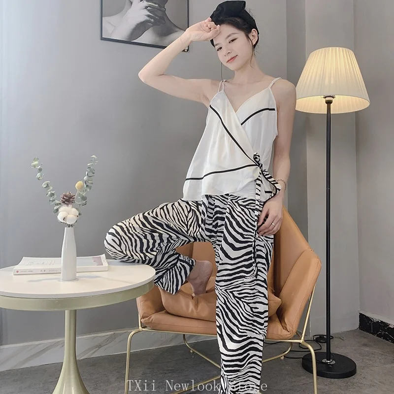 TXii Newlook Pajamas Women's Summer New Ice Silk Pajamas Loose Zebra Printed Sling Sexy Women's Home Clothes high quality