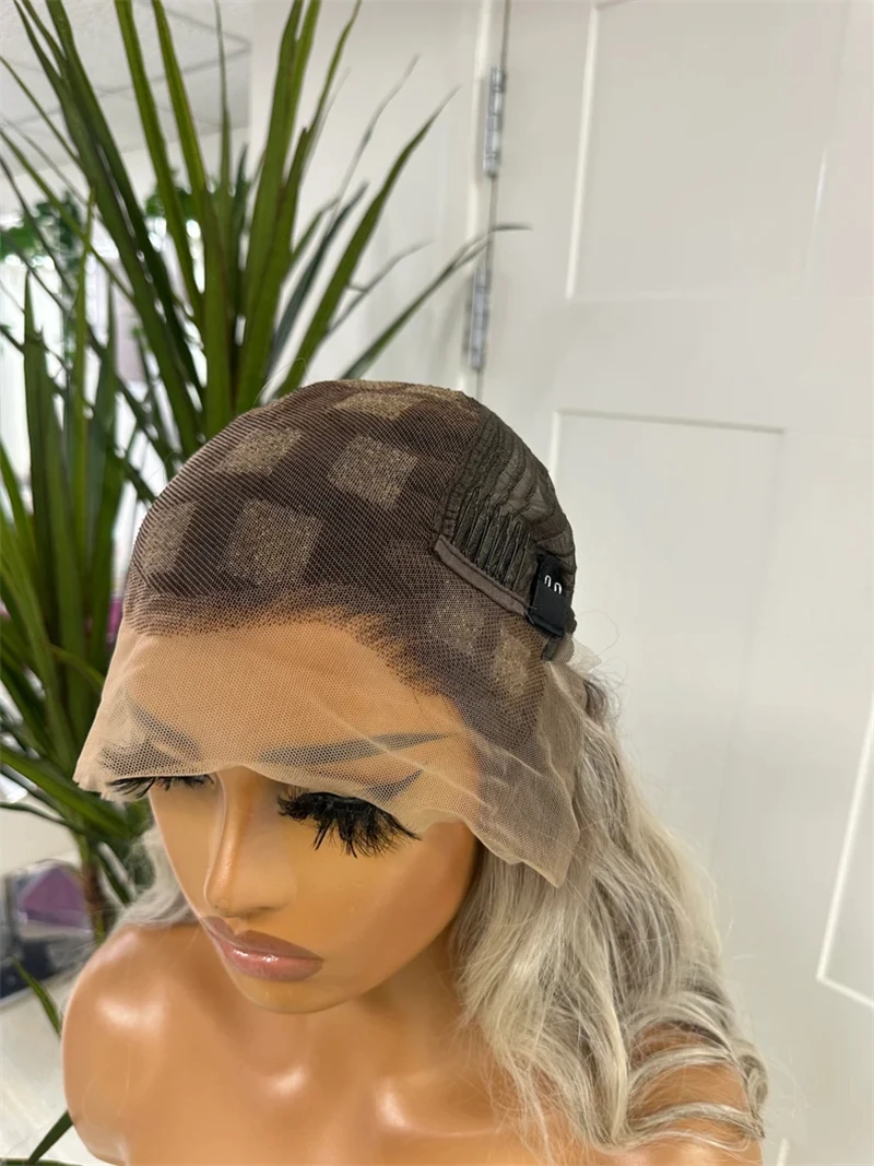 Ombre Ash Grey Straight Lace Front Wig Natural Hair with Dark Roots Synthetic Lace Wigs for Women Heat Resistant Fiber Hair