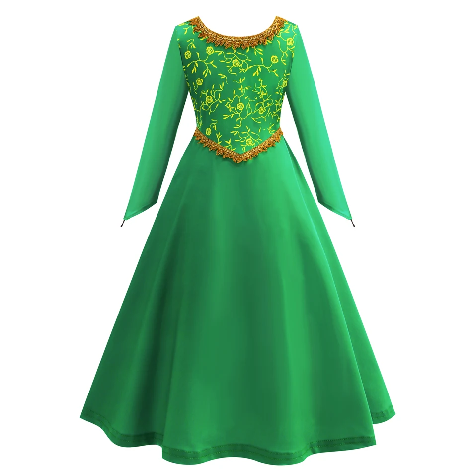 Fiona Girl Green Princess Dress Long Sleeve Halloween Fantasy Costume Kids Print Elastic Carnival Disguise Outfits Elegant Gown