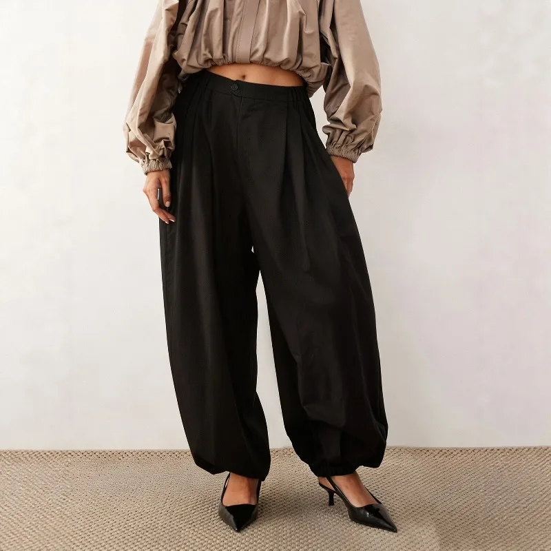 Pleated Wide Leg Harem Pants Women Casual Loose Cuffed Ankle‑length Trousers 2026 Autumn
