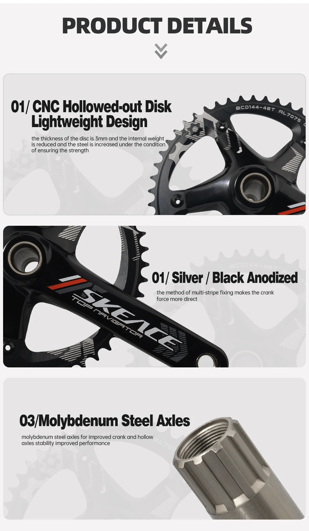 SKEACE 48T BMX-Kurbelgarnitur, Single-Speed-Kettenrad 144BCD 165mm Aluminiumlegierung Kurbelgarnitur für Fixed-Gear-Fahrräder, Kettenrad BMX-Kurbel – Detail 11