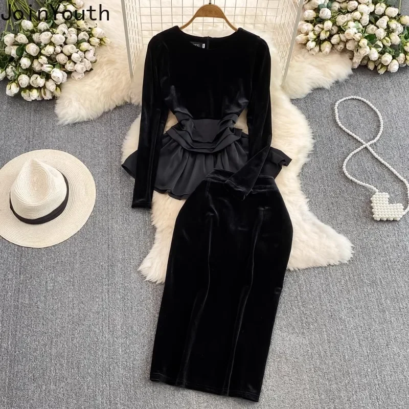 Women Clothing Skirt Sets 2 Piece Suit O-neck Slim Waist Ruffles Tops High Waist Bodycon Skirts Outfits Vintage Velvet Black Set