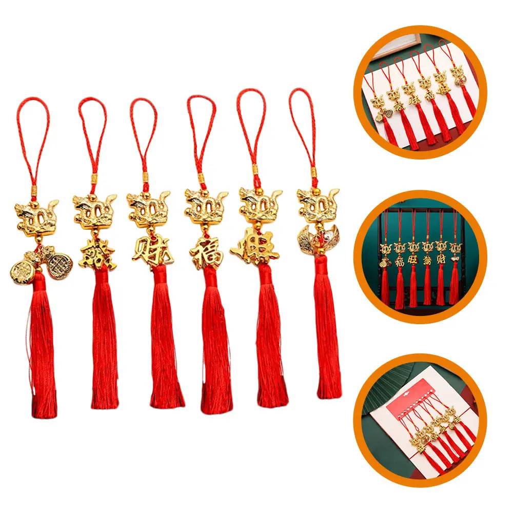 6Pcs Chinese New Year Hanging Ornament Set Dragon Spring Festival Decor Polyester Resin Car Door Window Tree Home Office Shop