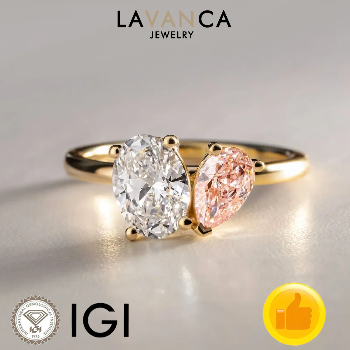 IGI Certified Total about 3ct Lab Created Diamond Ring Toi Et Moi Style Oval and Pink Pear Cut Diamond Ring 9K/14K/18K Gold Ring