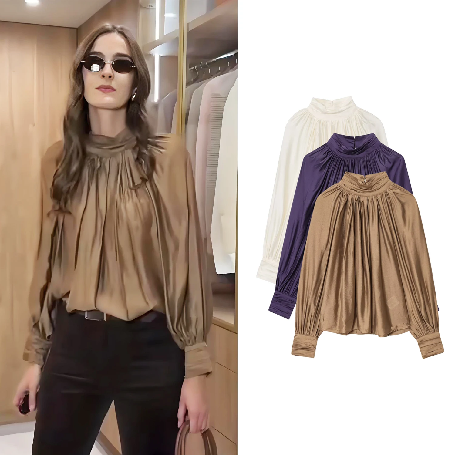 

Women Elegant Satin Blouses Spring Summer New Female Chic Long Lantern Sleeve Loose Shirts Lady Stand Collar Draped Blouses Tops