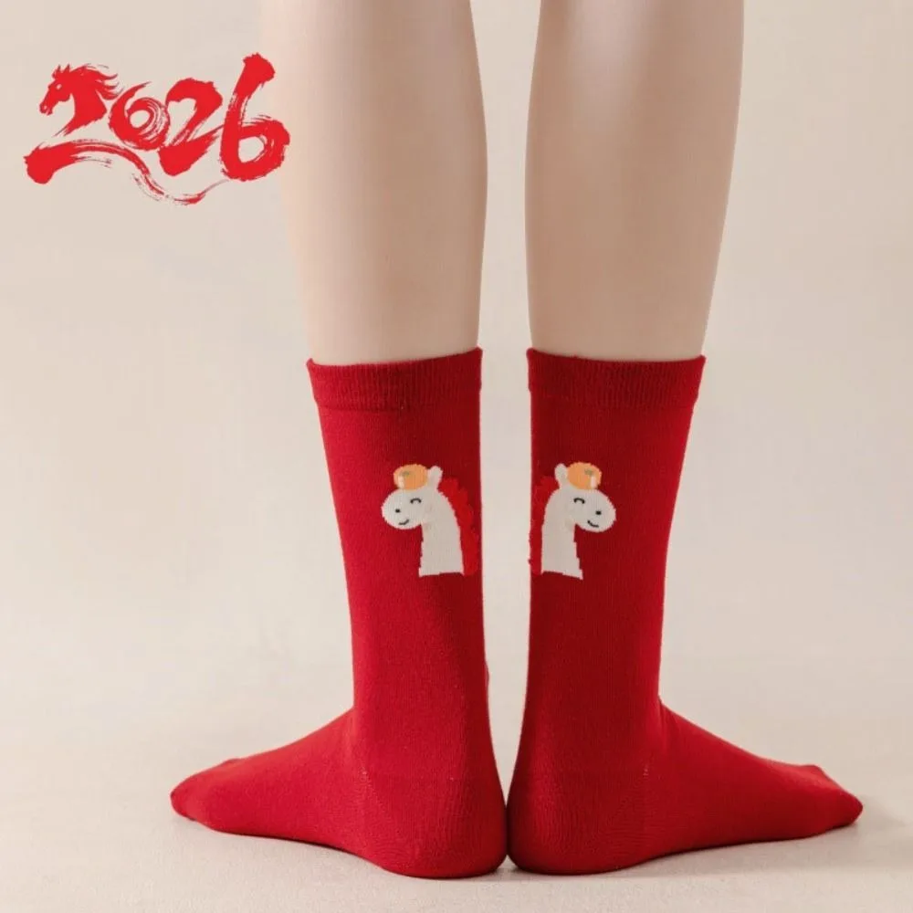 

Winter Autumn New Year Tube Socks Cartoon Mid Calf Year of The Horse Socks Good Luck Comfortable Zodiac Year Cotton Socks Women