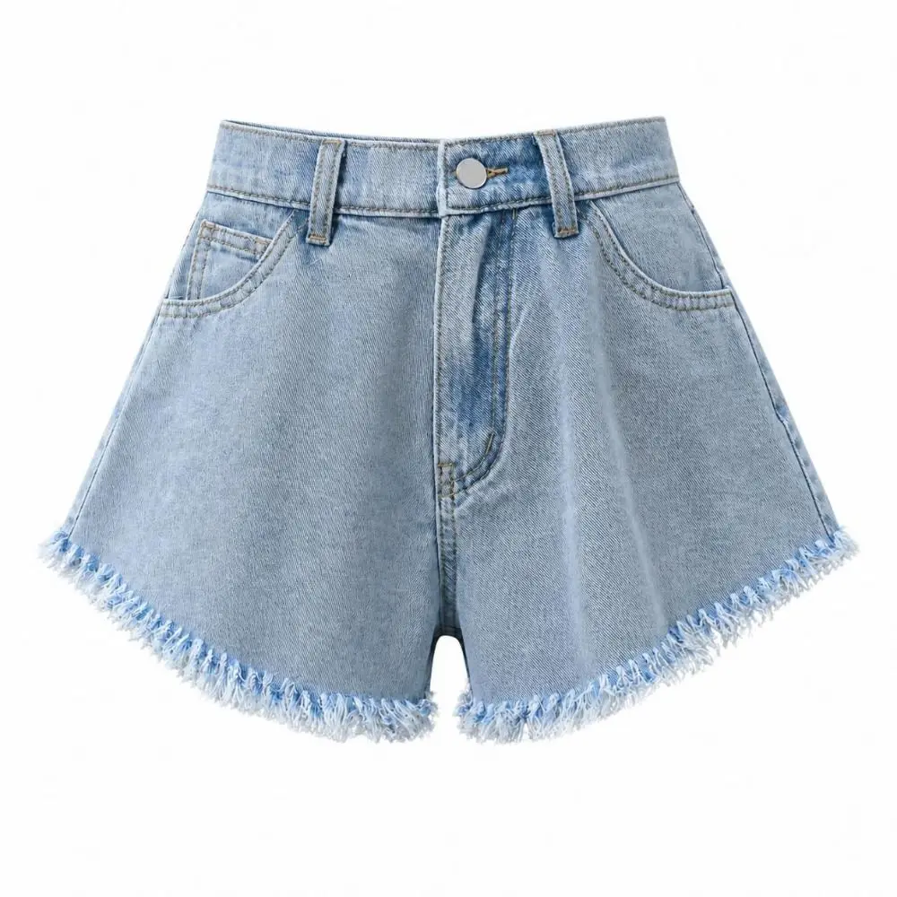 Fashion High Waist Fringe Denim Shorts Flared Breathable Frayed Jean Shorts Loose Fit Solid Color Women Cutoff Shorts Daily Wear