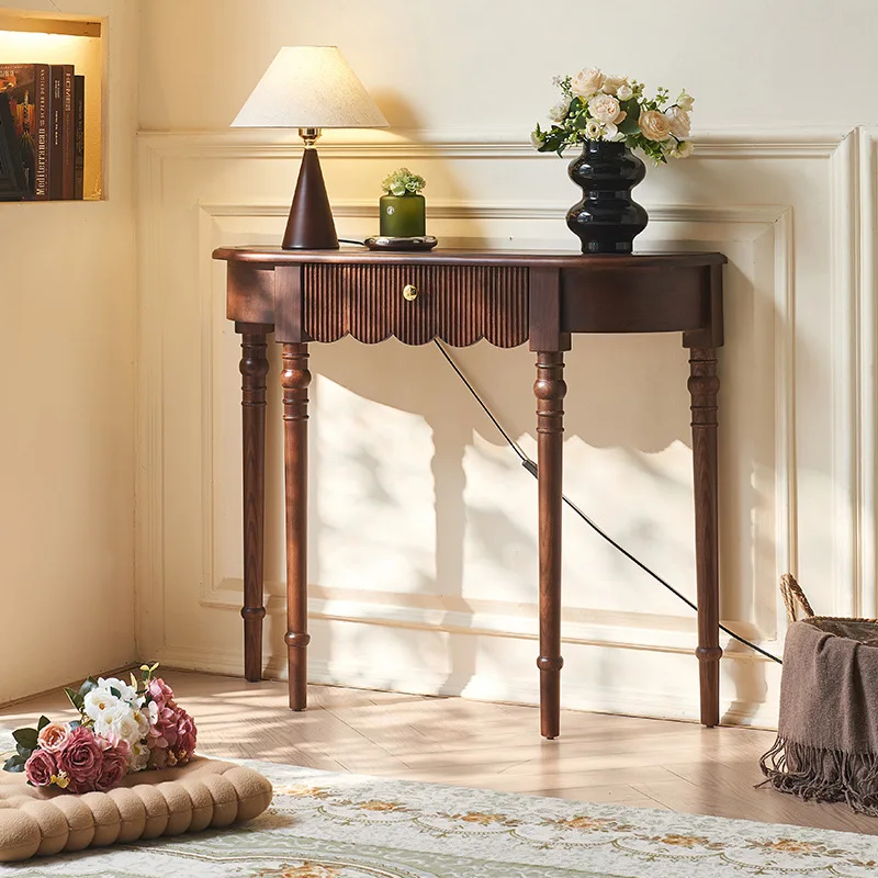 

French retro wall entrance rack, home living room with drawer shelf, antique curved solid wood entrance table