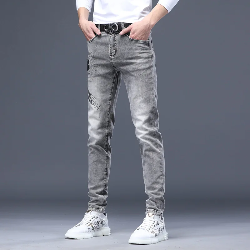 2024new men's jeans Korean casual elastic slim fit skinny printed rhinestones fashion high-end affordable luxury gray trousers