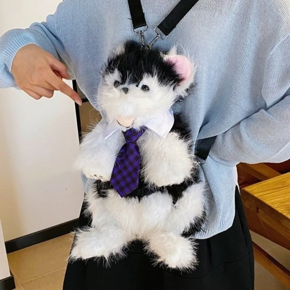 New Wear Tie Simulated Puppy Backpack Soft Fluffy Cute Cartoon Doll Backpack Cute Animal Shape Shoulder Bag Travel Storage
