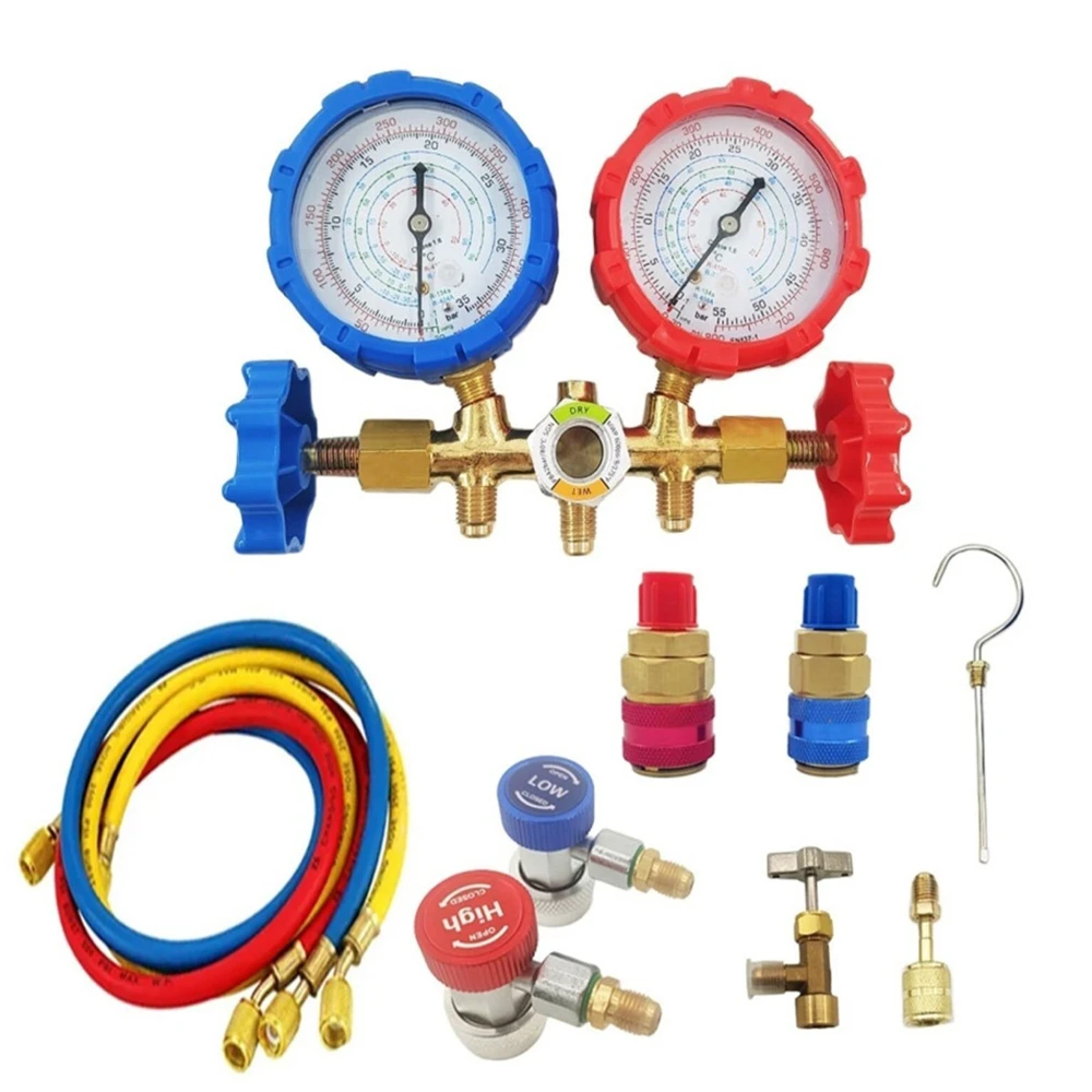 R32 410 22 134A Air Conditioning Pressure Gauge with Hose and Hook 3 Way AC Diagnostic Manifold Gauge Set Air Conditioning Tools