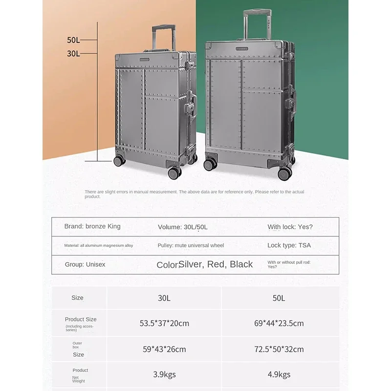 Stylish All-Aluminum-Magnesium Alloy Luggage Silent Universal Wheel TSA Combination Lock Can Board Business Unisex Suitcase 50L