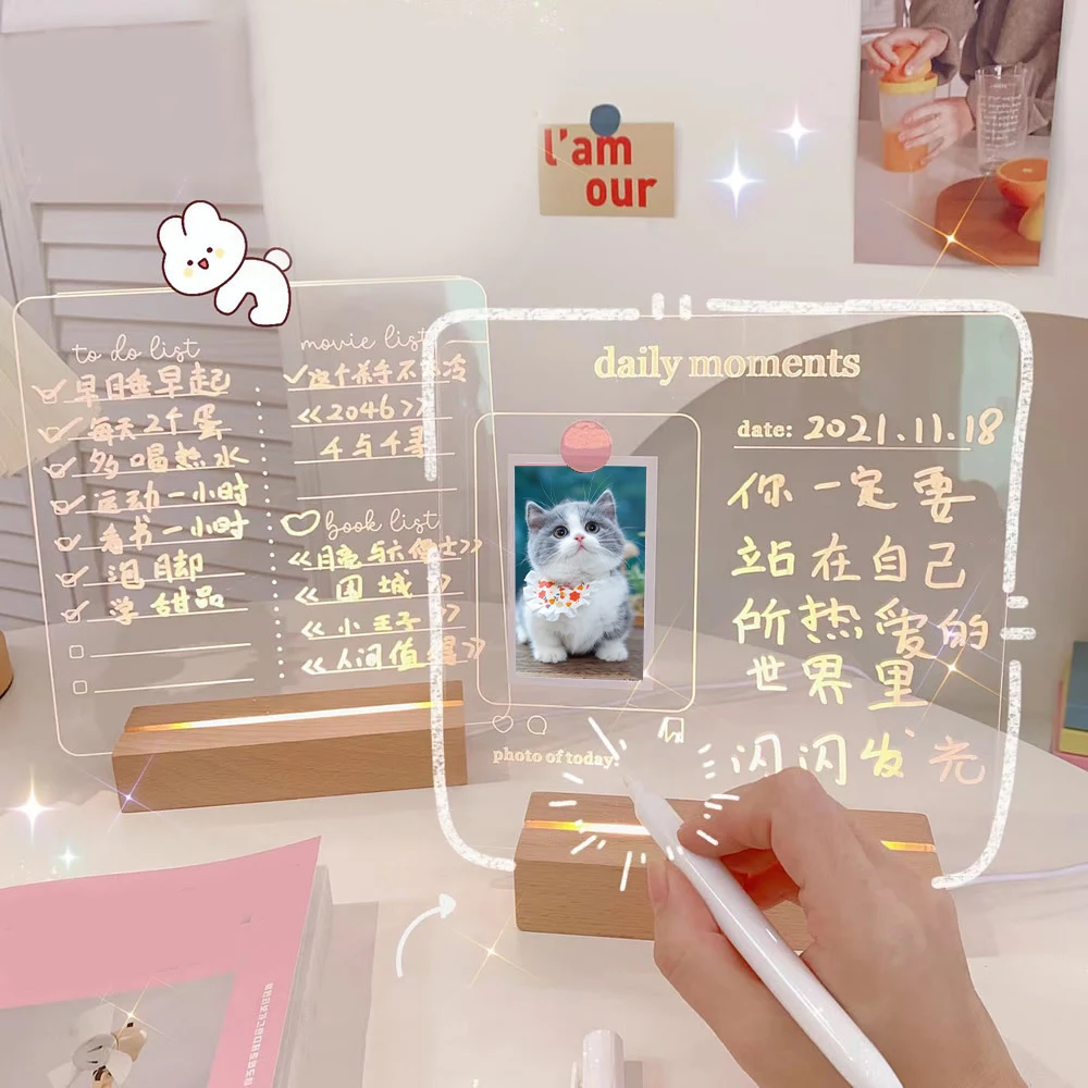 Note Board Erasable Desktop Writable Message Board Acrylic Transparent Luminous Note Board School Supplies Writable Student