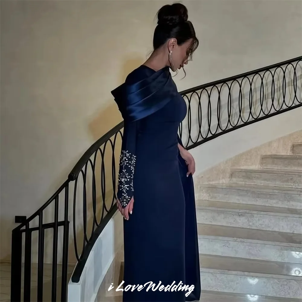 Navy Blue Long Sleeve Evening Dresses 2025 Beaded Pleated Shawl Mermaid O-Neck Ankle-Length Wedding Party Dresses Customized