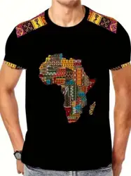 T-shirt de mapa contínuo africano masculino com gola redonda, impressão 3D, verão, casual, esportes, moda ao ar livre, manga curta