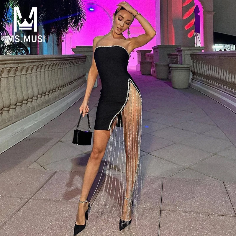 MSMUSI 2024 New Fashion Women Sexy Strapless Sleeveless Crystal Tassels Backless Bandage Party Club Bodycon Event Mini Dress