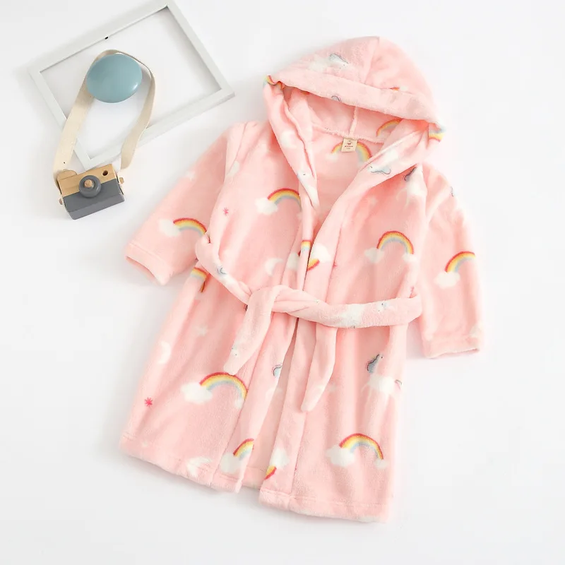 Thickened Warm Flannel Children's Bathrobe Boy Robe Homewear Cartoon Hooded Girls Pajamas Long-Sleeved Nightwear Kids Sleepwear
