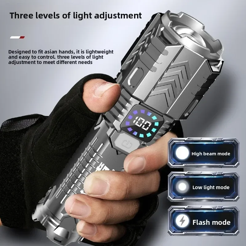 مصباح يدوي ليزر أبيض قابل لإعادة الشحن: زوومابلي، طويل المدى، وقت طويل للغاية، مؤشر طاقة رقمي، ضوء طوارئ