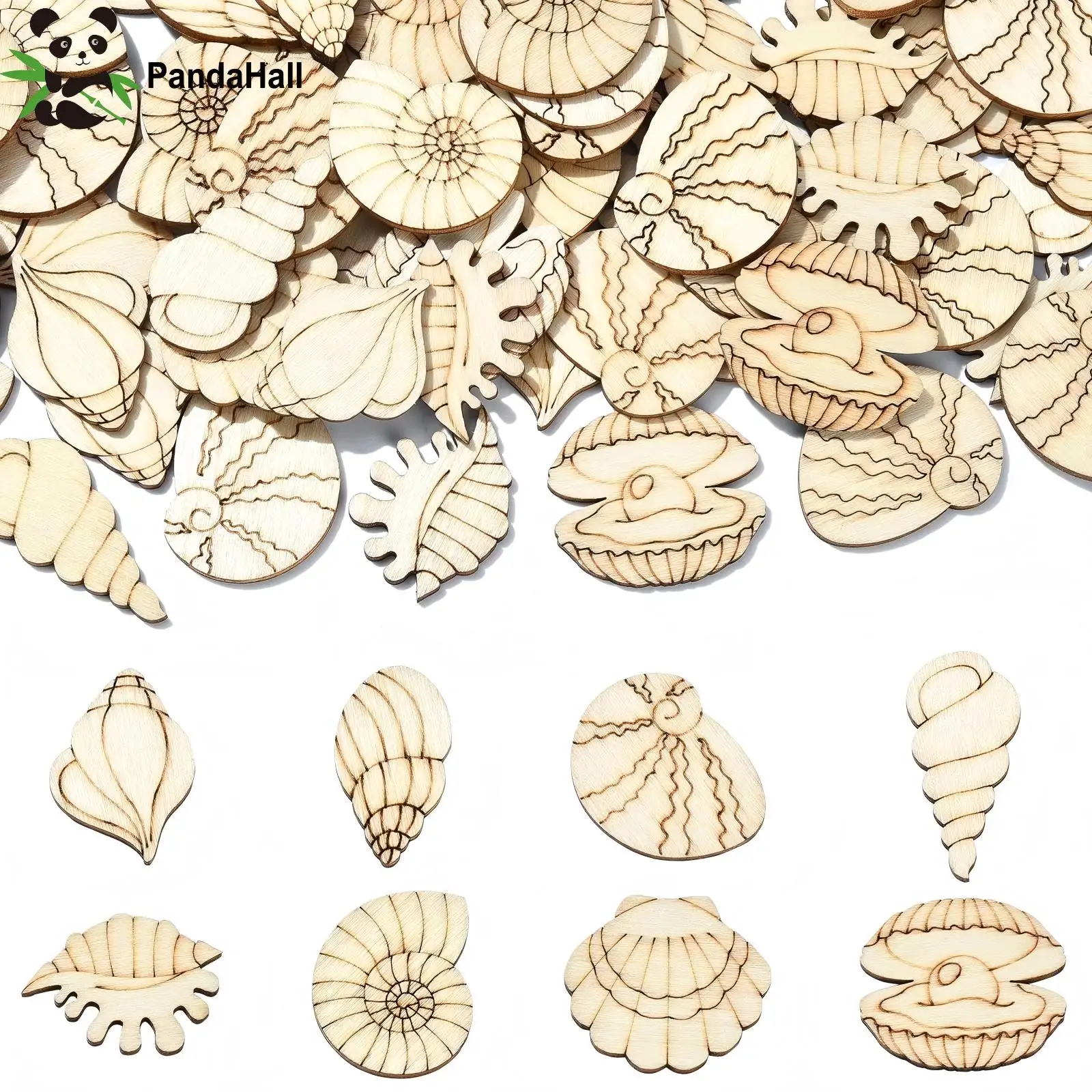 Pandahall 200Pcs Random Ocean Theme Wood Cutouts Unfinished Sea Shell Animal Blank Wooden Paint Crafts for Party Home Decor